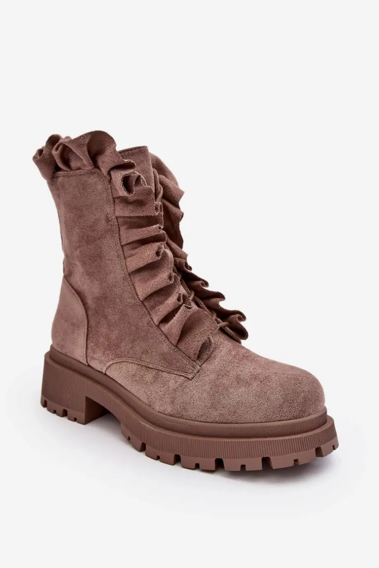 Zamszowe Ocieplane Botki Workery Na Płaskim Obcasie Ciemnobeżowe Nacelle
