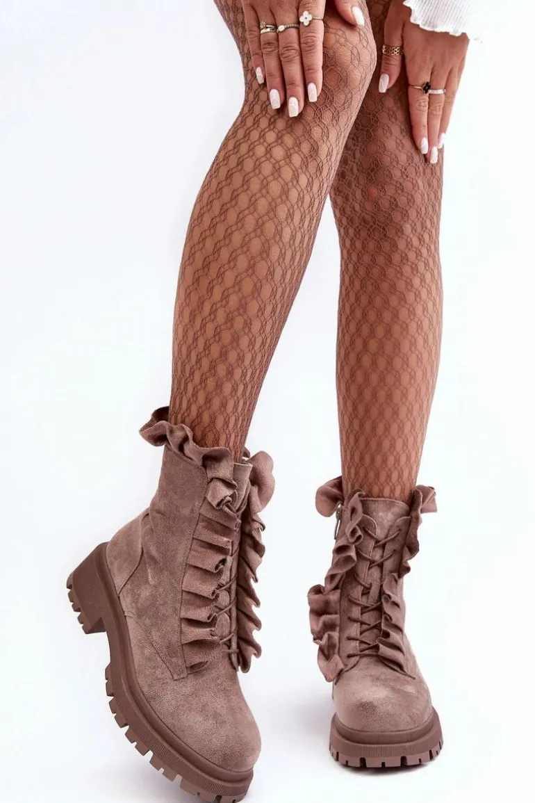 Zamszowe Ocieplane Botki Workery Na Płaskim Obcasie Ciemnobeżowe Nacelle