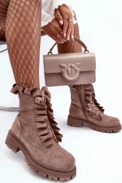 Zamszowe Ocieplane Botki Workery Na Płaskim Obcasie Ciemnobeżowe Nacelle