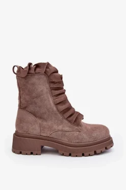 Zamszowe Ocieplane Botki Workery Na Płaskim Obcasie Ciemnobeżowe Nacelle