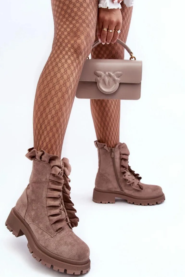 Zamszowe Ocieplane Botki Workery Na Płaskim Obcasie Ciemnobeżowe Nacelle