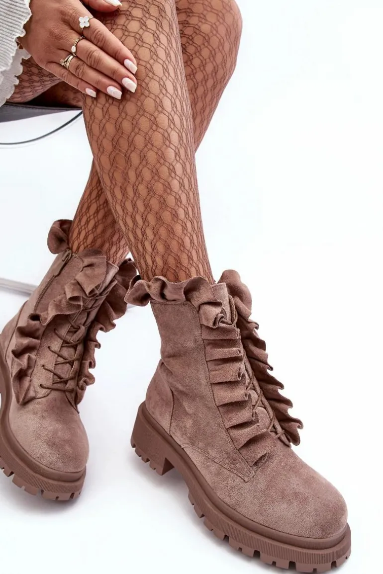 Zamszowe Ocieplane Botki Workery Na Płaskim Obcasie Ciemnobeżowe Nacelle