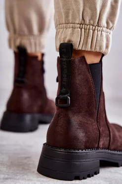 Zamszowe Ocieplane Botki Workery Na Płaskim Obcasie Brązowe Salome