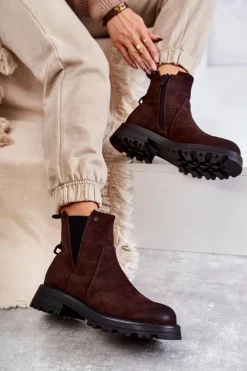 Zamszowe Ocieplane Botki Workery Na Płaskim Obcasie Brązowe Salome