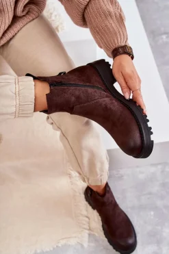 Zamszowe Ocieplane Botki Workery Na Płaskim Obcasie Brązowe Salome