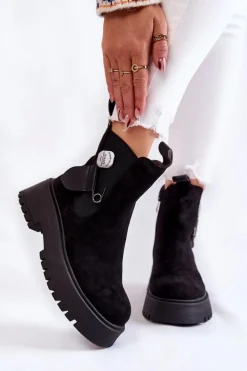 Zamszowe Ocieplane Botki Workery Czarne Magnis