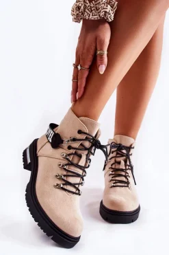 Zamszowe Ocieplane Botki Z Paskiem Beżowe Aurelio