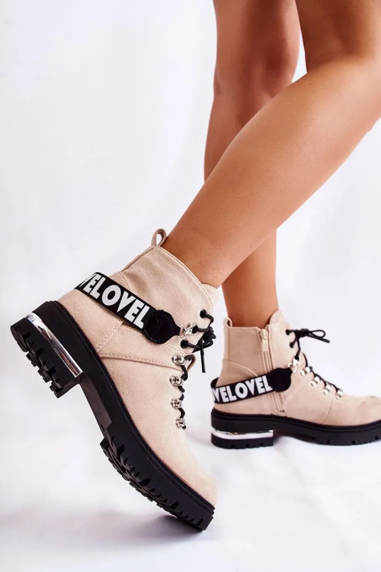 Zamszowe Ocieplane Botki Z Paskiem Beżowe Aurelio