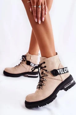 Zamszowe Ocieplane Botki Z Paskiem Beżowe Aurelio