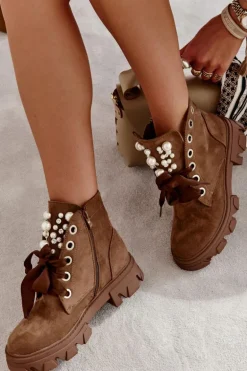 Zamszowe Ocieplane Botki Z Perłami Brązowe Roco