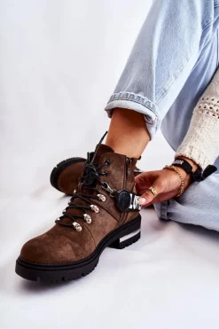 Zamszowe Ocieplane Botki Z Paskiem Ciemnobrązowe Aurelio