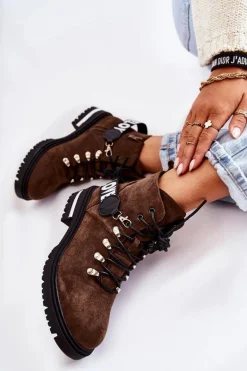 Zamszowe Ocieplane Botki Z Paskiem Ciemnobrązowe Aurelio