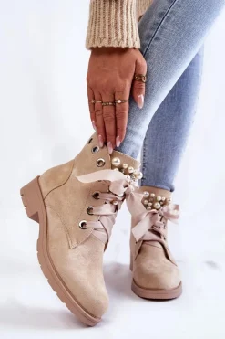 Zamszowe Ocieplane Botki Na Suwak Z Perłami Beżowe Raiso