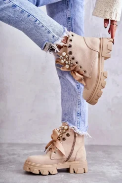 Zamszowe Ocieplane Botki Z Perłami Beżowe Roco