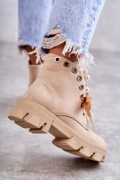 Zamszowe Ocieplane Botki Z Perłami Beżowe Roco