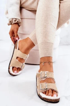 Zamszowe Ocieplane Klapki Beżowe Adeline