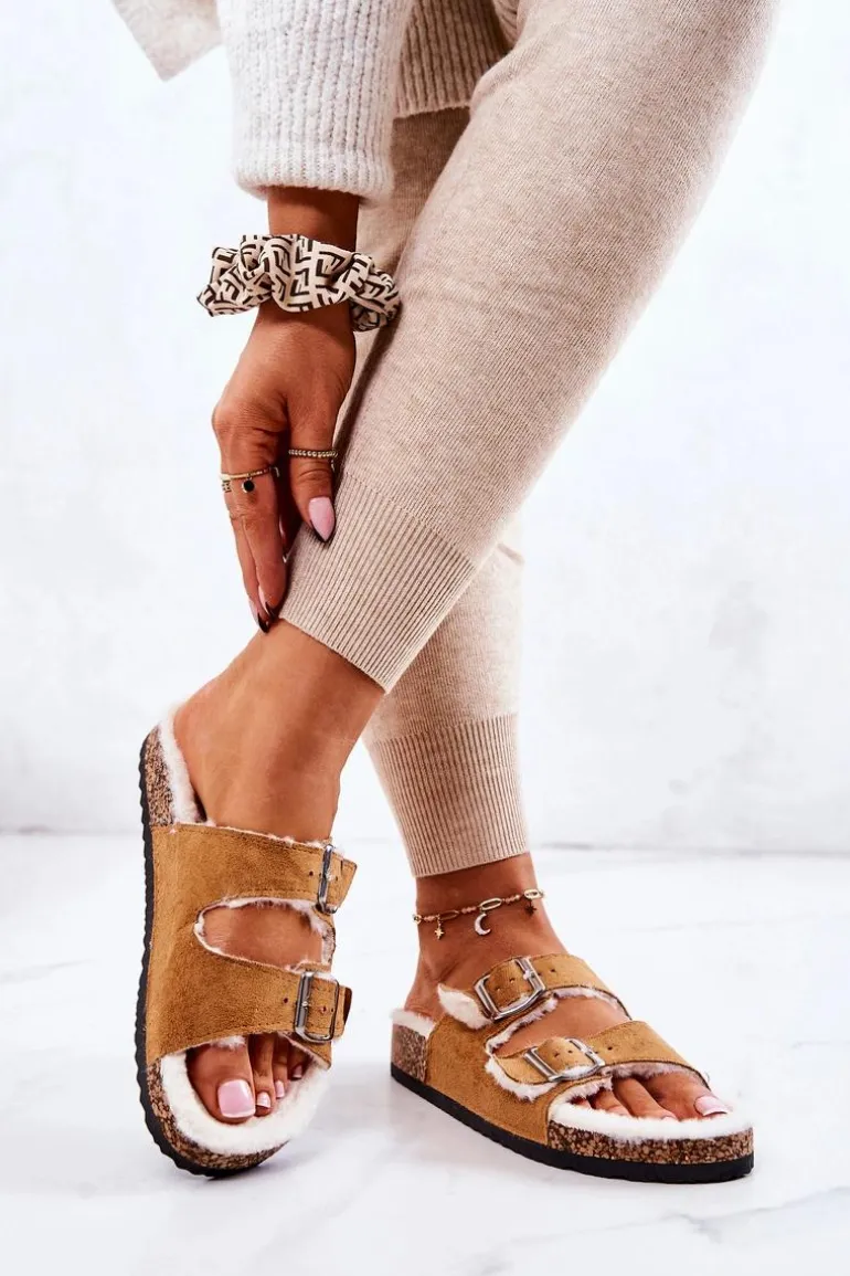 Zamszowe Ocieplane Klapki Camel Adeline