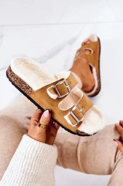 Zamszowe Ocieplane Klapki Camel Adeline