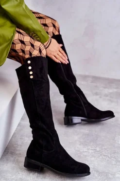 Zamszowe Ocieplane Kozaki Na Płaskim Obcasie Czarne Laura