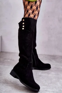 Zamszowe Ocieplane Kozaki Na Płaskim Obcasie Czarne Laura