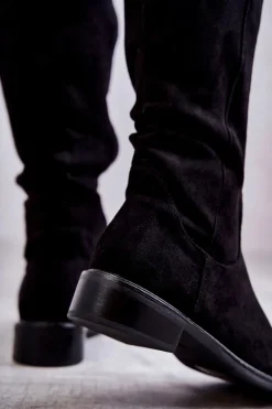 Zamszowe Ocieplane Kozaki Na Płaskim Obcasie Czarne Laura