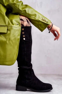 Zamszowe Ocieplane Kozaki Na Płaskim Obcasie Czarne Laura