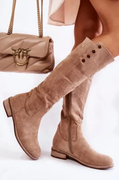 Zamszowe Ocieplane Kozaki Na Płaskim Obcasie Beżowe Laura