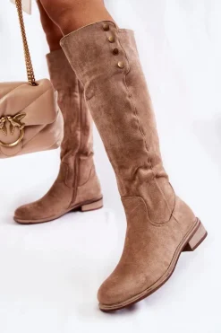 Zamszowe Ocieplane Kozaki Na Płaskim Obcasie Beżowe Laura