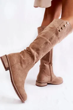 Zamszowe Ocieplane Kozaki Na Płaskim Obcasie Beżowe Laura