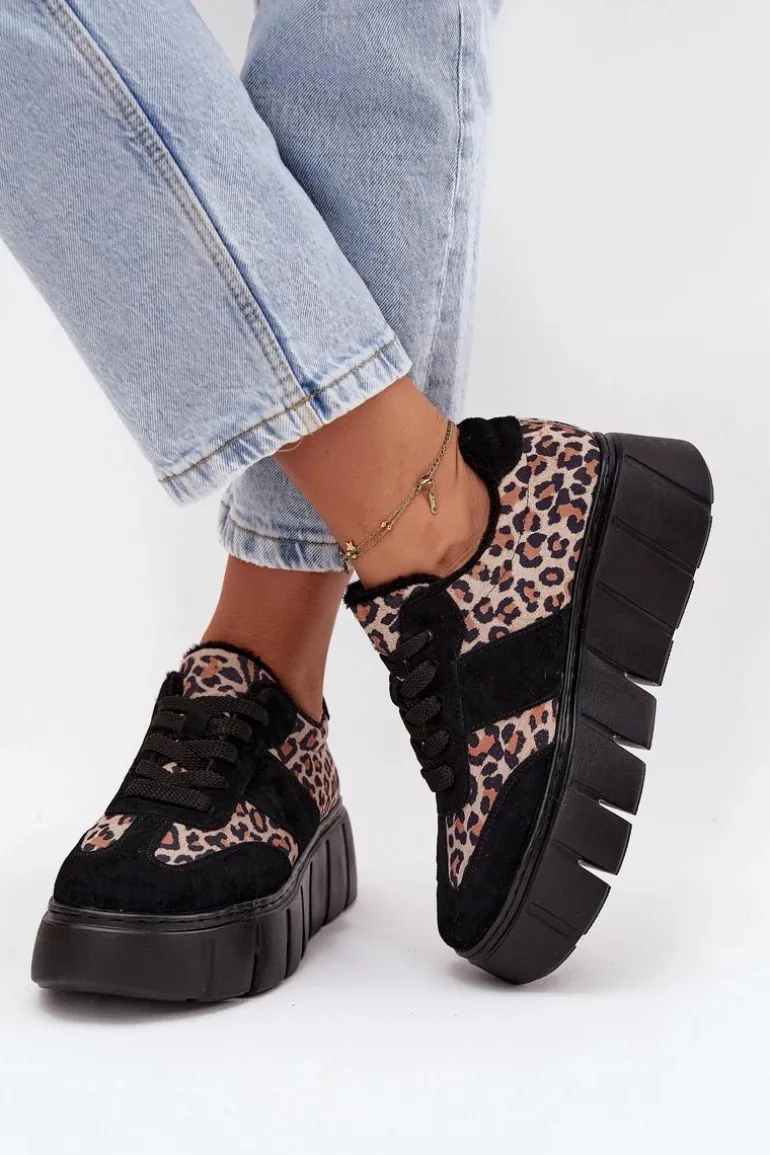 Zamszowe Ocieplane Sneakersy Damskie Na Masywnej Platformie Vinceza 66841 Panterka Czarne