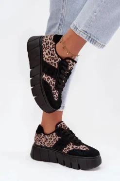 Zamszowe Ocieplane Sneakersy Damskie Na Masywnej Platformie Vinceza 66841 Panterka Czarne