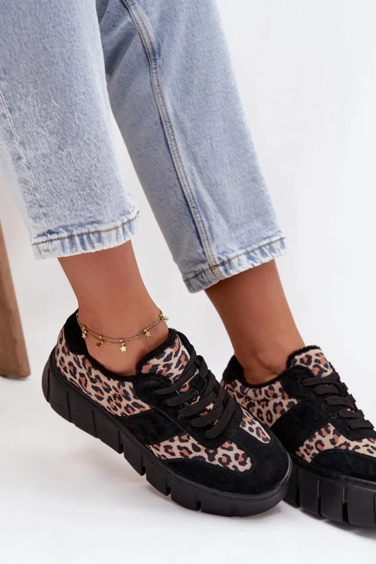 Zamszowe Ocieplane Sneakersy Damskie Na Masywnej Platformie Vinceza 66841 Panterka Czarne