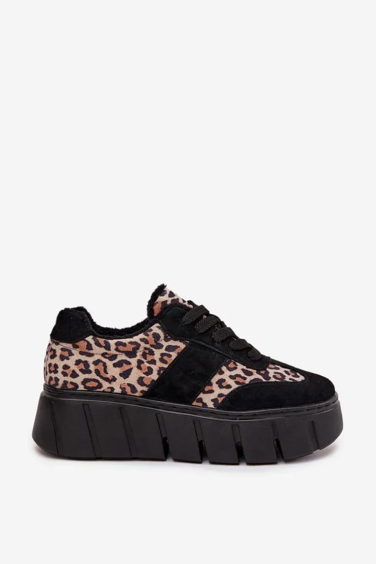 Zamszowe Ocieplane Sneakersy Damskie Na Masywnej Platformie Vinceza 66841 Panterka Czarne