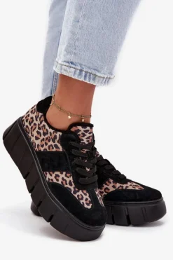 Zamszowe Ocieplane Sneakersy Damskie Na Masywnej Platformie Vinceza 66841 Panterka Czarne