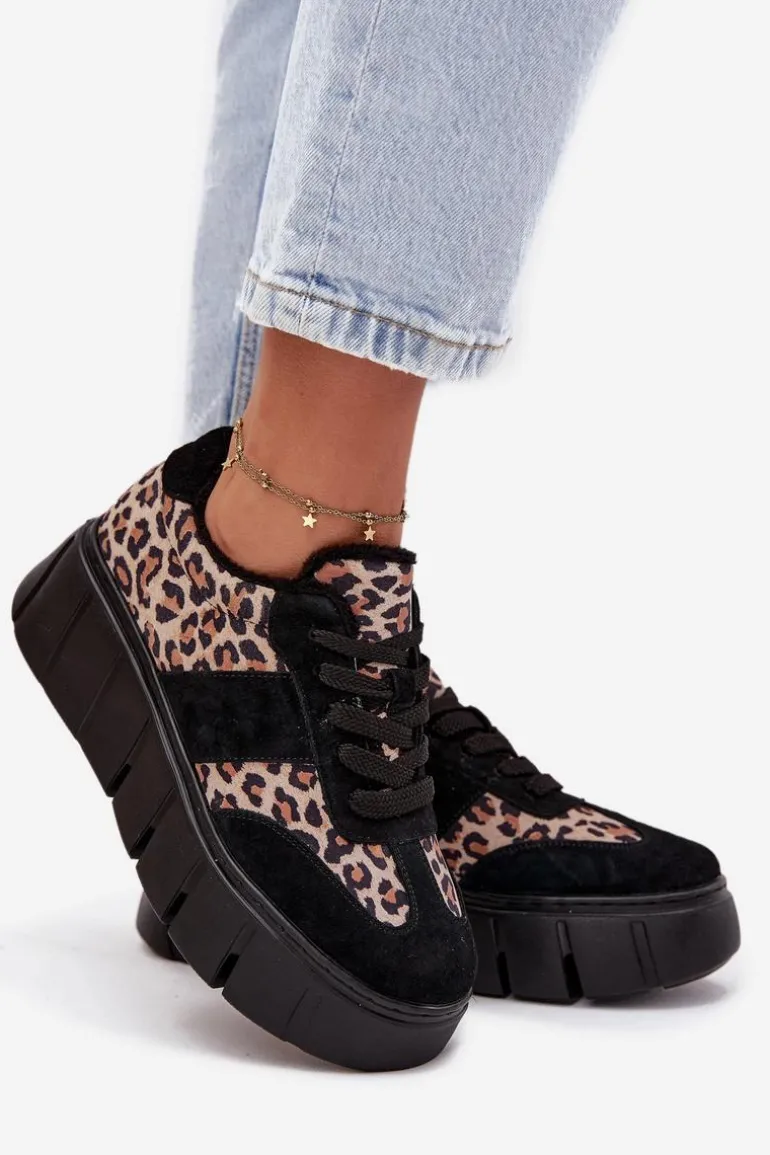Zamszowe Ocieplane Sneakersy Damskie Na Masywnej Platformie Vinceza 66841 Panterka Czarne