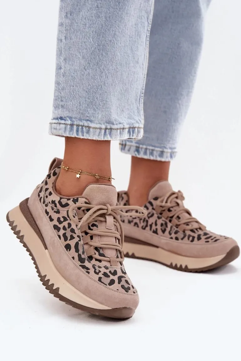 Zamszowe Ocieplane Sneakersy Damskie Na Platformie Vinceza 66836 Panterka Beżowe