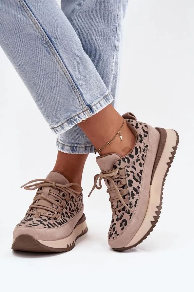 Zamszowe Ocieplane Sneakersy Damskie Na Platformie Vinceza 66836 Panterka Beżowe