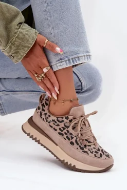 Zamszowe Ocieplane Sneakersy Damskie Na Platformie Vinceza 66836 Panterka Beżowe