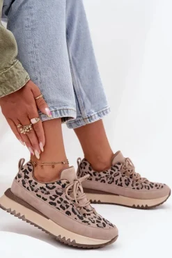 Zamszowe Ocieplane Sneakersy Damskie Na Platformie Vinceza 66836 Panterka Beżowe