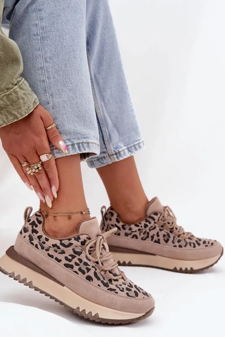 Zamszowe Ocieplane Sneakersy Damskie Na Platformie Vinceza 66836 Panterka Beżowe