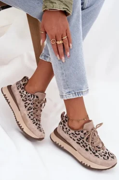 Zamszowe Ocieplane Sneakersy Damskie Na Platformie Vinceza 66836 Panterka Beżowe