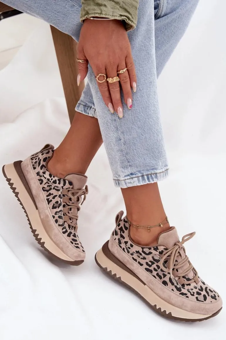 Zamszowe Ocieplane Sneakersy Damskie Na Platformie Vinceza 66836 Panterka Beżowe