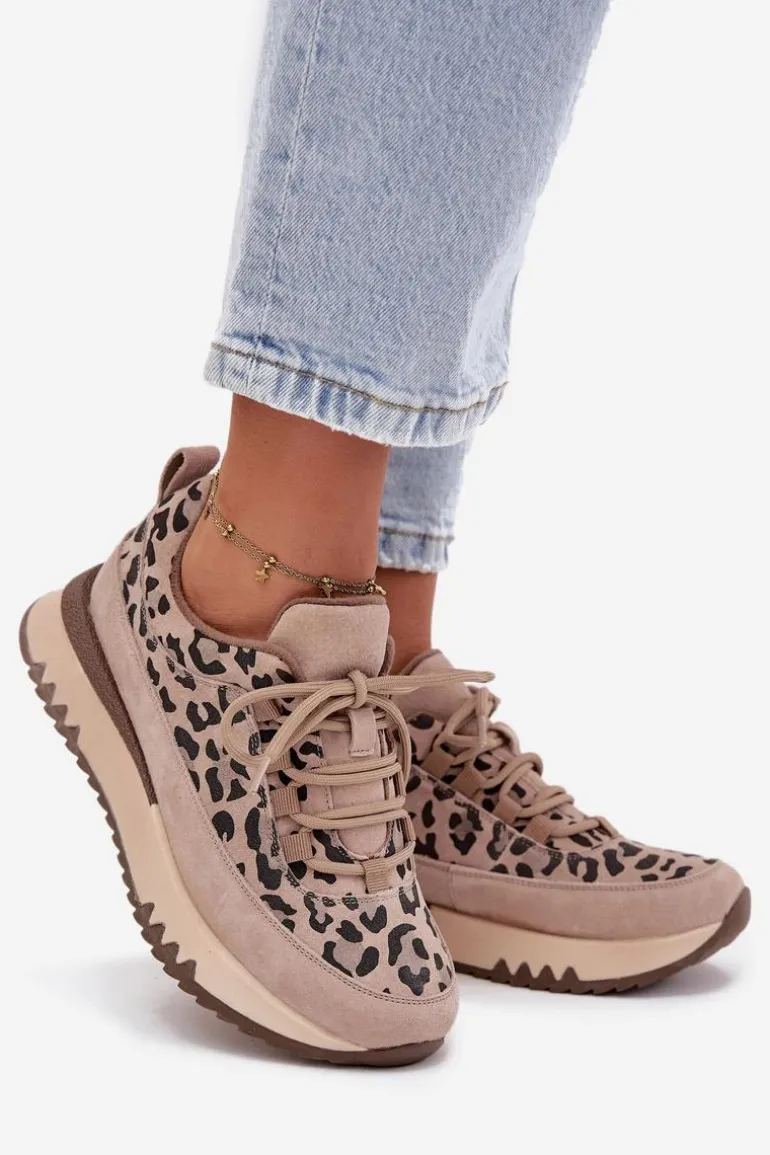 Zamszowe Ocieplane Sneakersy Damskie Na Platformie Vinceza 66836 Panterka Beżowe