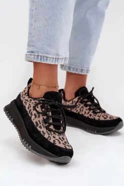 Zamszowe Ocieplane Sneakersy Damskie Na Platformie Vinceza 66836 Panterka Czarne