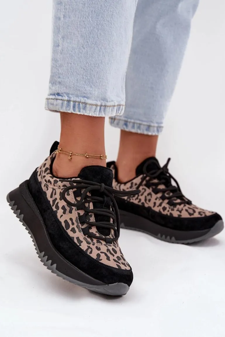 Zamszowe Ocieplane Sneakersy Damskie Na Platformie Vinceza 66836 Panterka Czarne