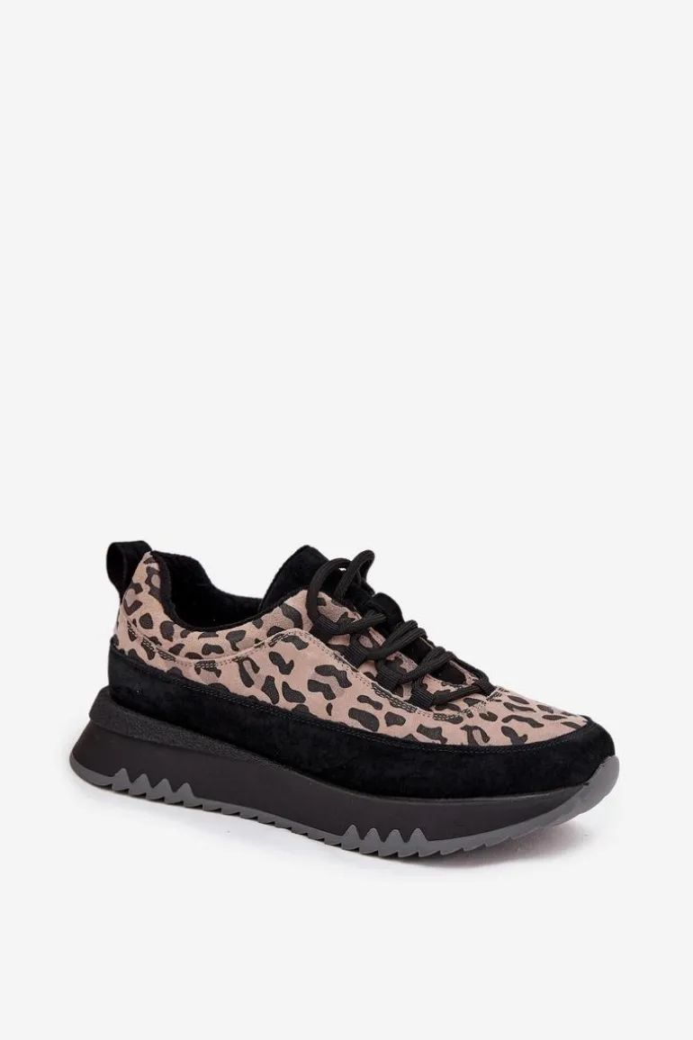 Zamszowe Ocieplane Sneakersy Damskie Na Platformie Vinceza 66836 Panterka Czarne