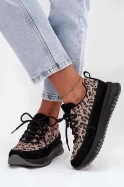Zamszowe Ocieplane Sneakersy Damskie Na Platformie Vinceza 66836 Panterka Czarne