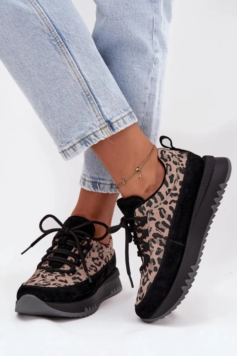 Zamszowe Ocieplane Sneakersy Damskie Na Platformie Vinceza 66836 Panterka Czarne
