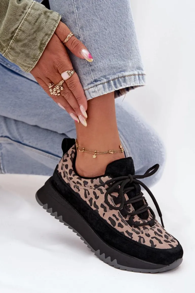 Zamszowe Ocieplane Sneakersy Damskie Na Platformie Vinceza 66836 Panterka Czarne