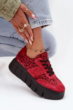 Zamszowe Ocieplane Sneakersy Damskie Na Masywnej Platformie Vinceza 66841 Panterka Czerwone